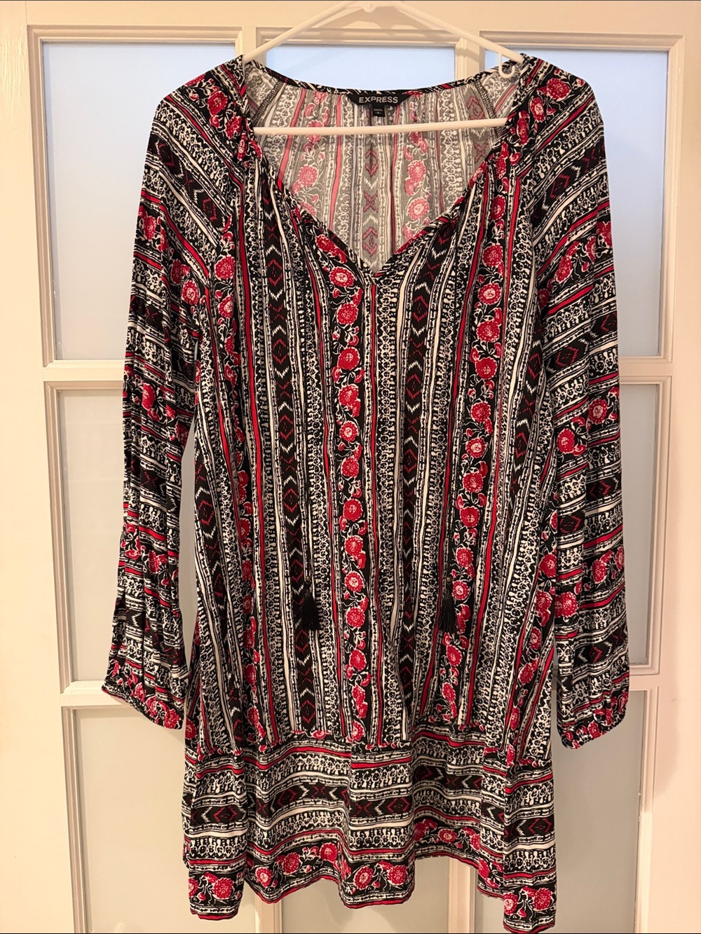 Express Black and Red Striped Floral Tie Neck Dress
